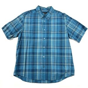Marmot Mens Button Front Shirt Blue Plaid Short Sleeve